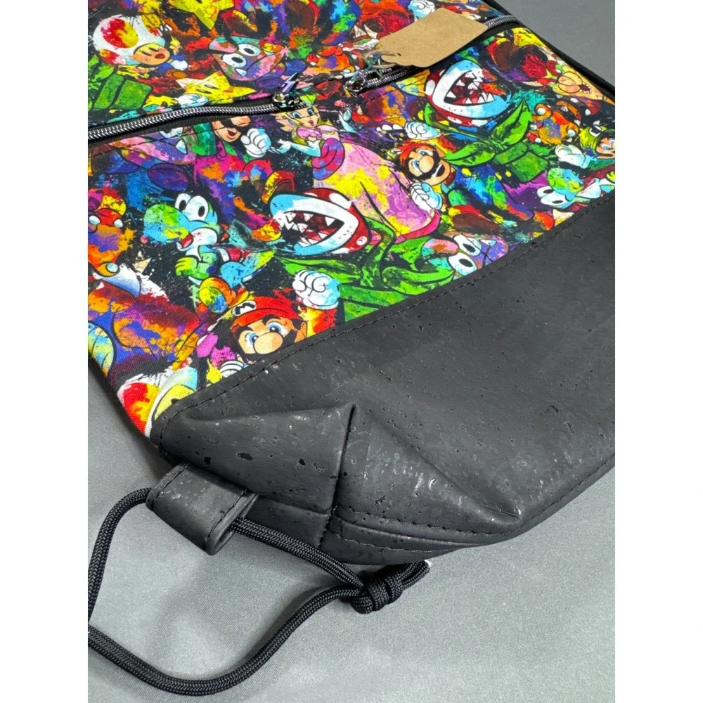 Handmade Super Mario Bros Graffiti Drawstring Backpack Black Cork Bottom 16x13